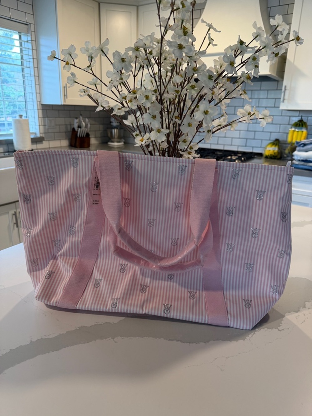 Victoria's Secret Pink Striped Tote with Logo Motif